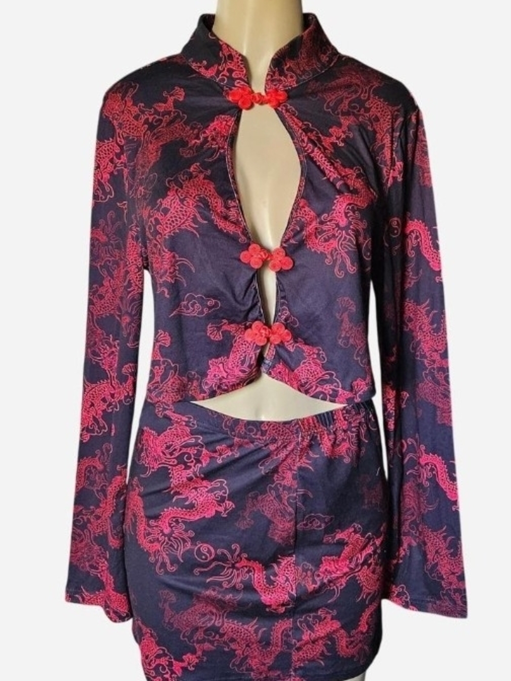Women's Black & Red Dragon Print Satin Lingerie Set